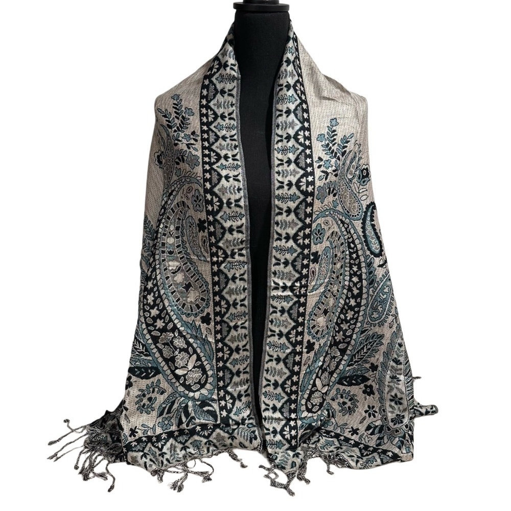 Elegant Shawl Wrap Scarf Double-Sided Super Soft Rayon Silver Emerald Green - Picture 13 of 17